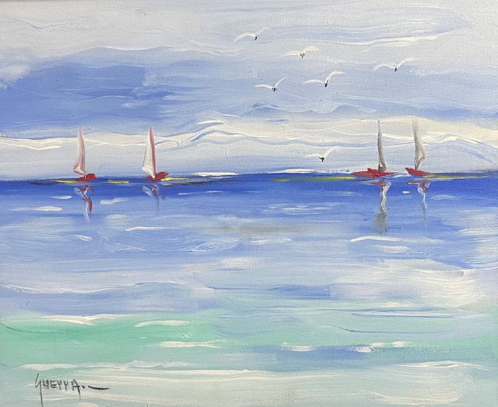 Pintura titulada "Marina, Cuatro Veleros"