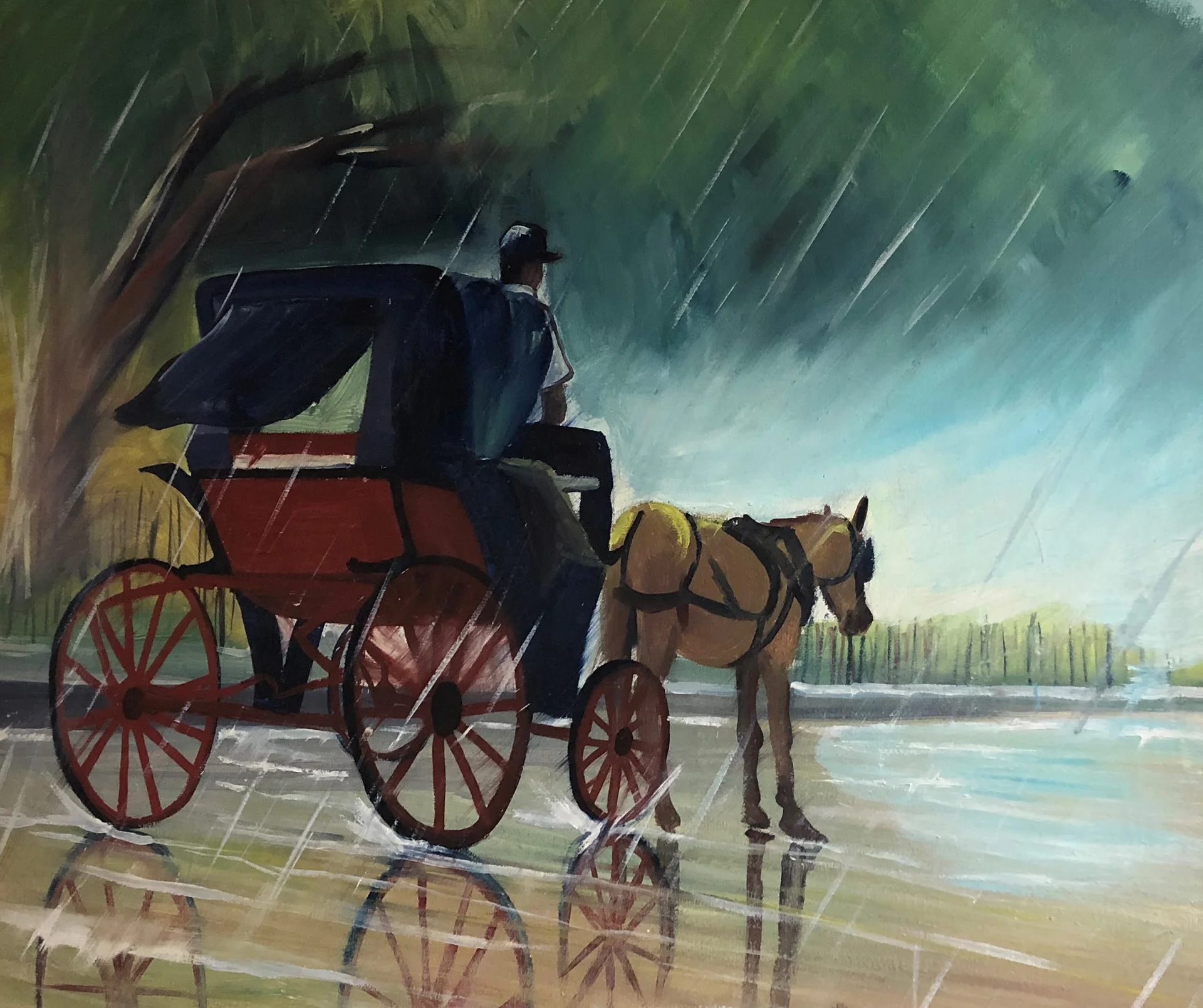 Pintura titulada "Cochero en la lluvia"