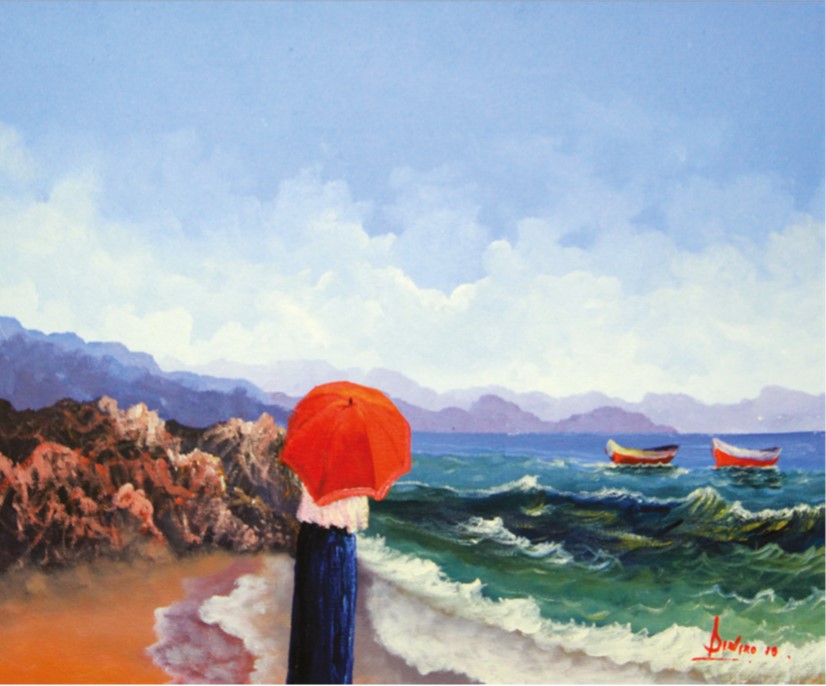 Pintura titulada Mujer Con Sombrilla Viendo El Mar