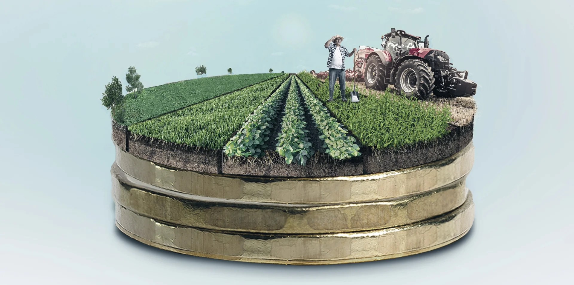 Agricultor y su terreno, sobre una moneda