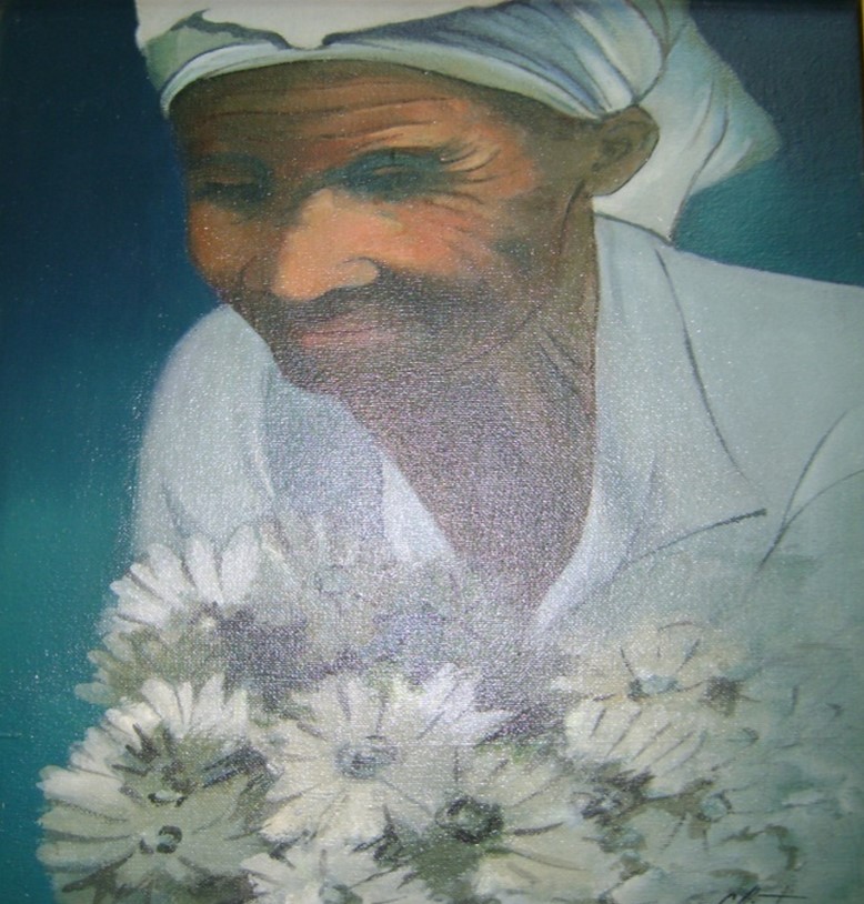 Pintura titulada "Anciana con flores"